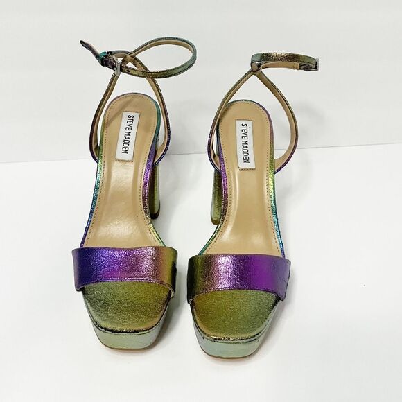 Steve Madden Lessa Ankle Strap Open Toe Heel Sandals Iridescent Rainbow 8M - Picture 2 of 9